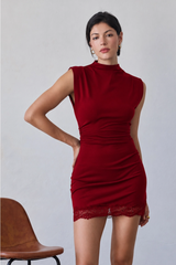 Gray Valentina Mock Neck Lace Trim Mini Dress Mini Dress