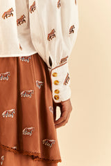 Bisque Embroidered Horses Voluminous Blouse Blouse