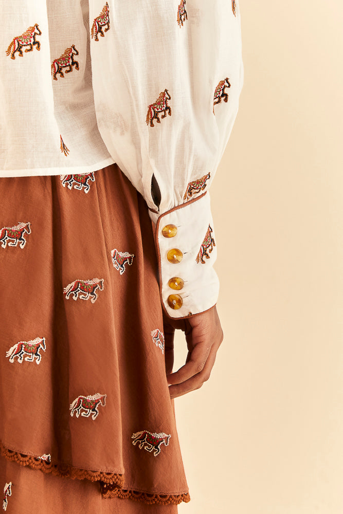 Bisque Embroidered Horses Voluminous Blouse Blouse