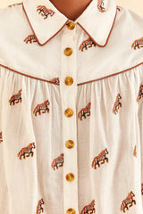 Wheat Embroidered Horses Voluminous Blouse Blouse