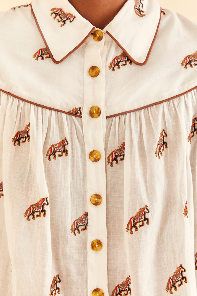 Wheat Embroidered Horses Voluminous Blouse Blouse