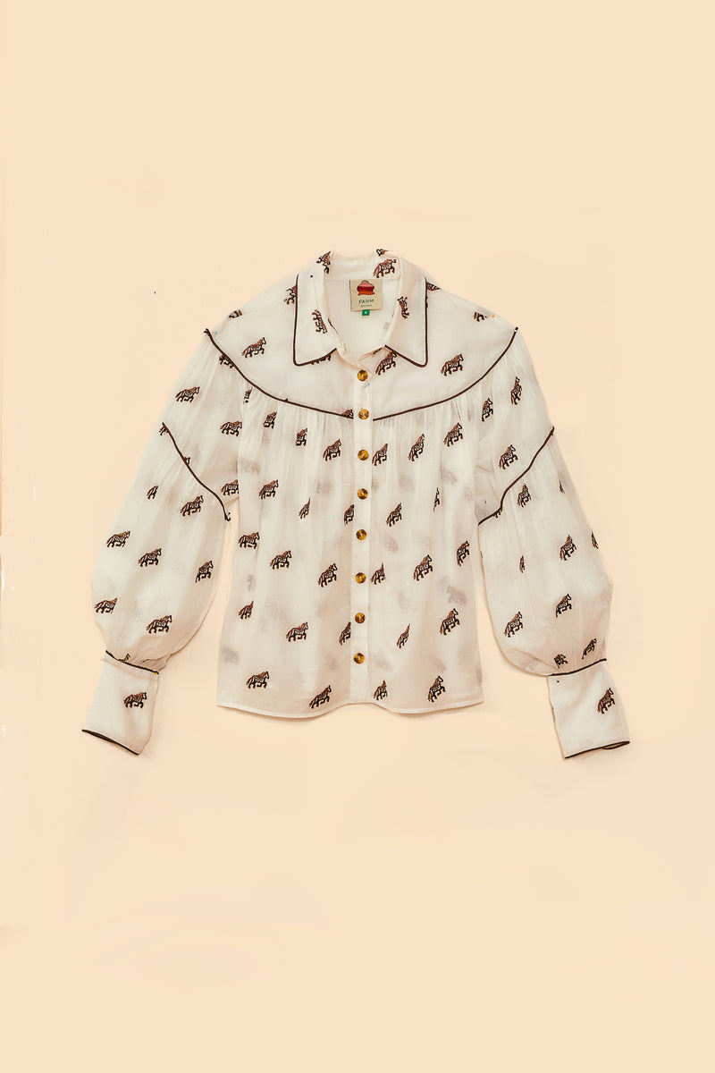 Bisque Embroidered Horses Voluminous Blouse Blouse