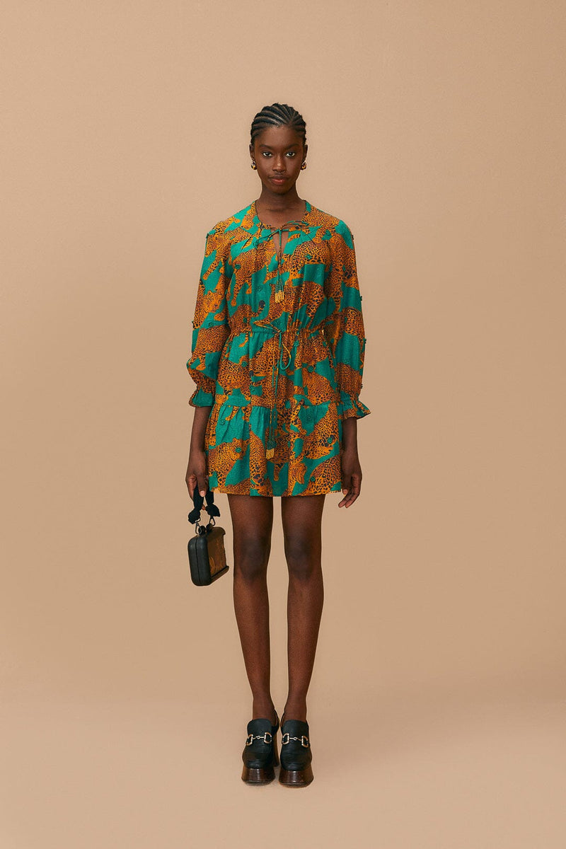 Tan Artsy Leopards Long Sleeve Mini Dress Mini Dress