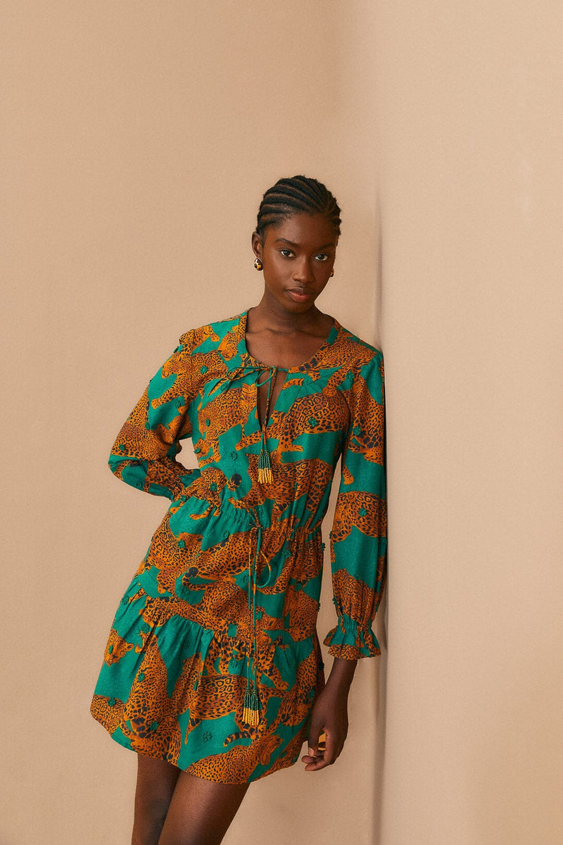 Tan Artsy Leopards Long Sleeve Mini Dress Mini Dress