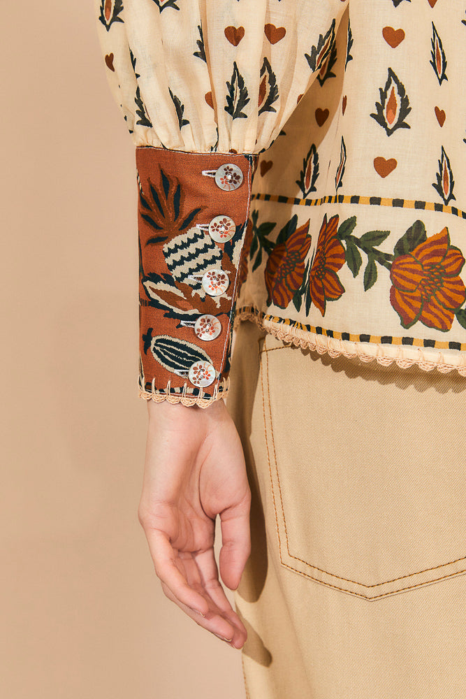 Tan Ainika Floral Long Sleeve Top Blouse