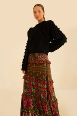 Black Ainika Floral Garden Tiered Maxi Skirt Maxi Skirt
