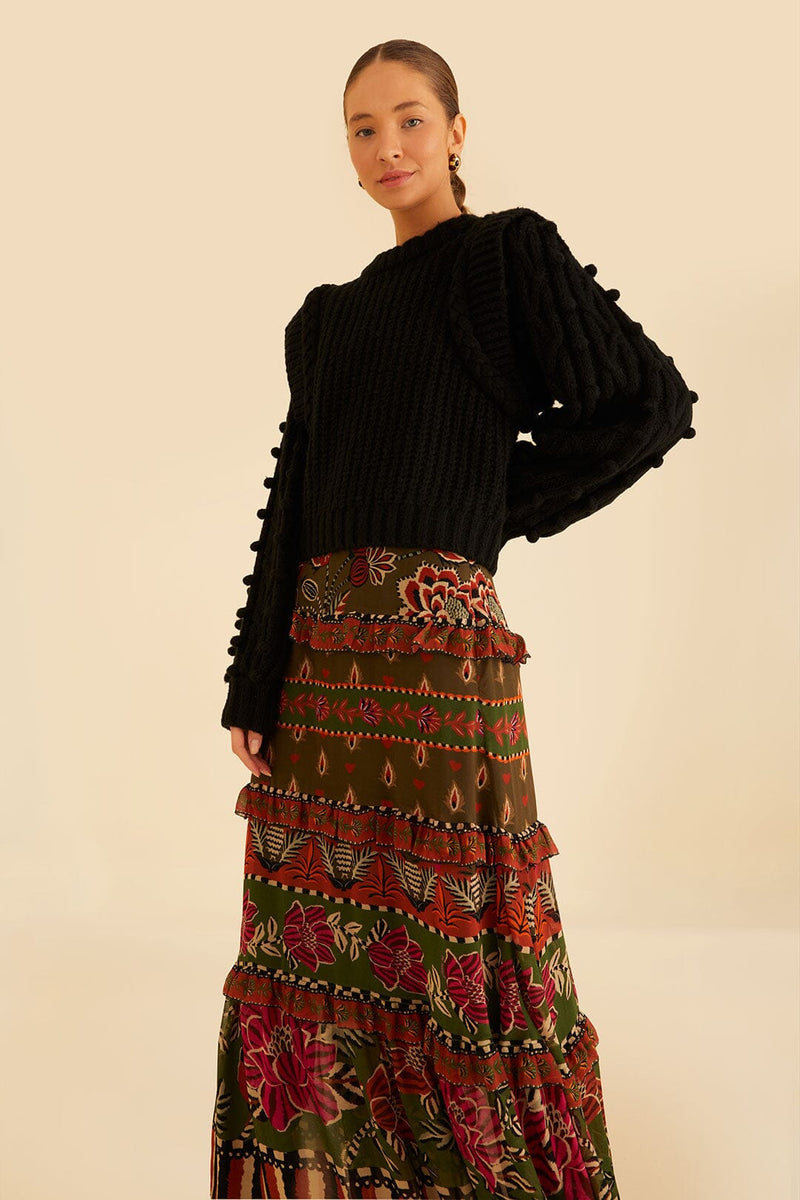 Black Ainika Floral Garden Tiered Maxi Skirt Maxi Skirt