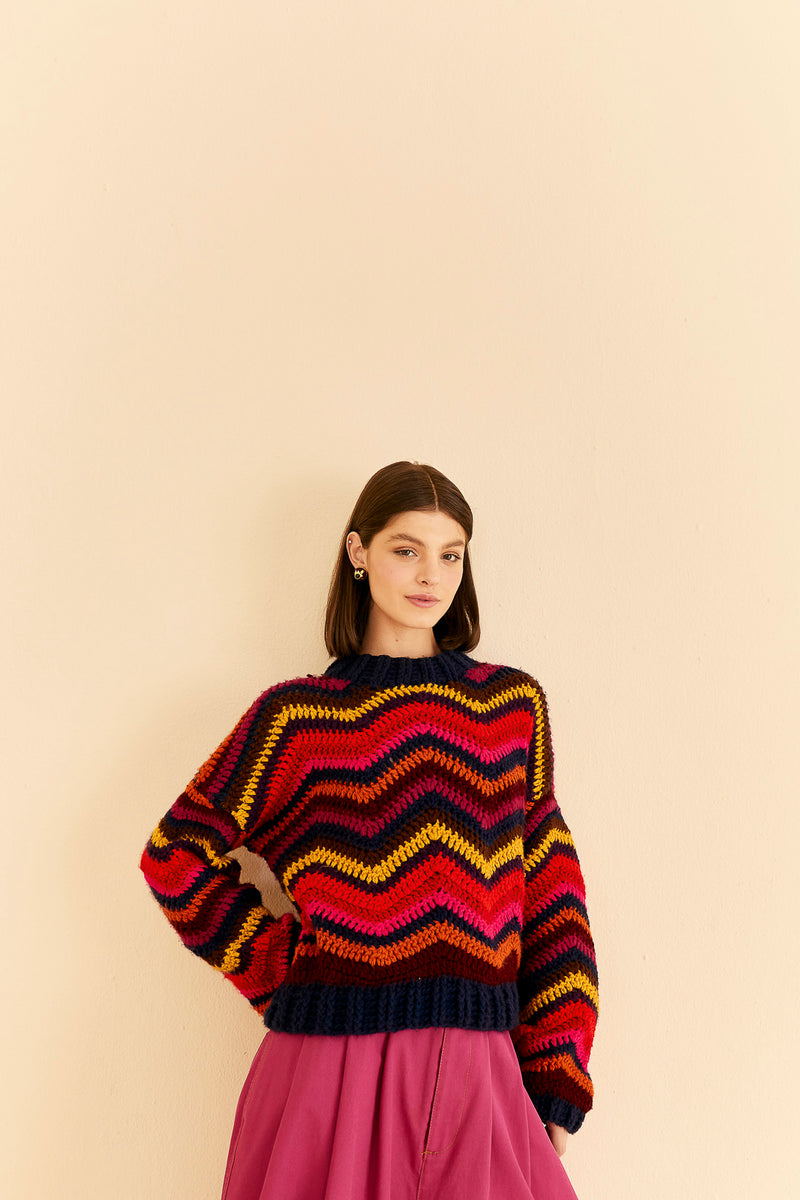Peach Puff Colorful Waves Crochet Sweater Sweater