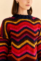 Dark Salmon Colorful Waves Crochet Sweater Sweater