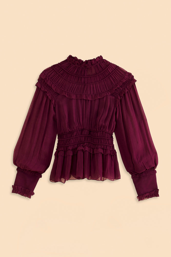 Bisque Burgundy Ruffled Blouse Blouse