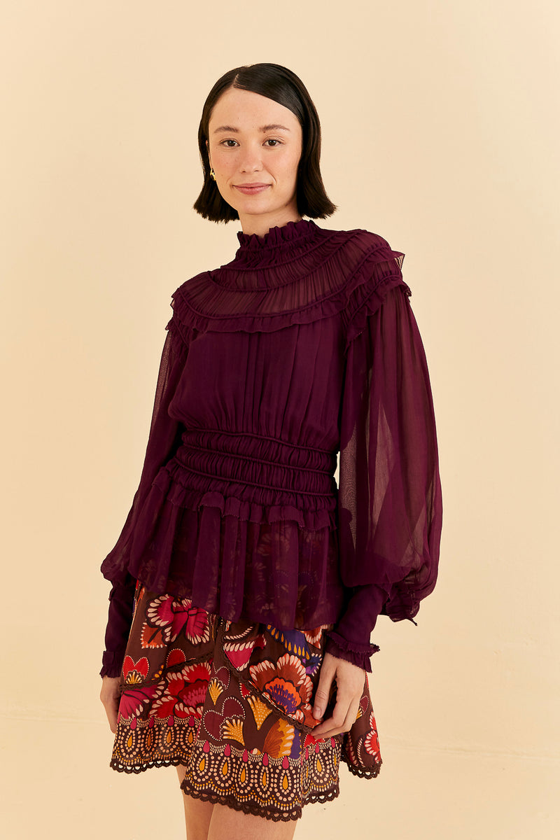 Black Burgundy Ruffled Blouse Blouse