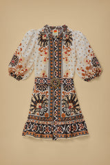 Tan Floral Fan Tapestry Mini Dress Mini Dress