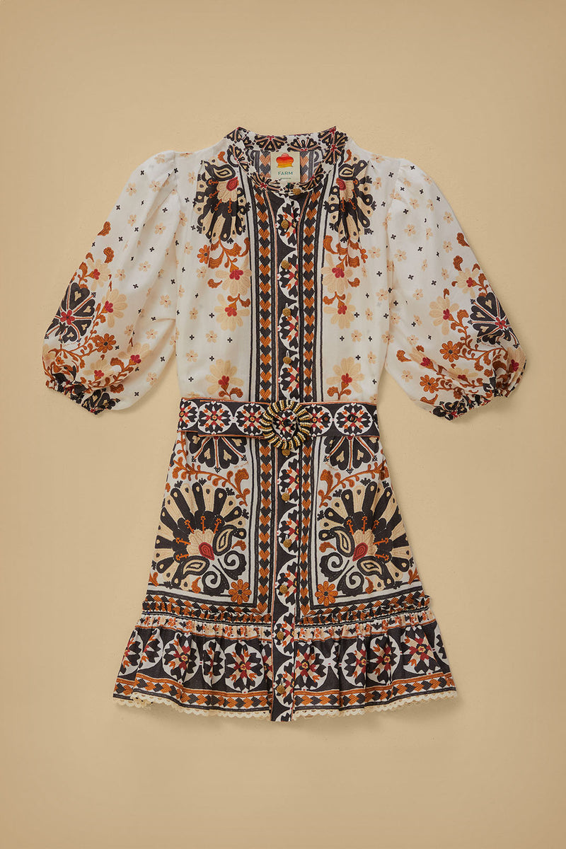Tan Floral Fan Tapestry Mini Dress Mini Dress