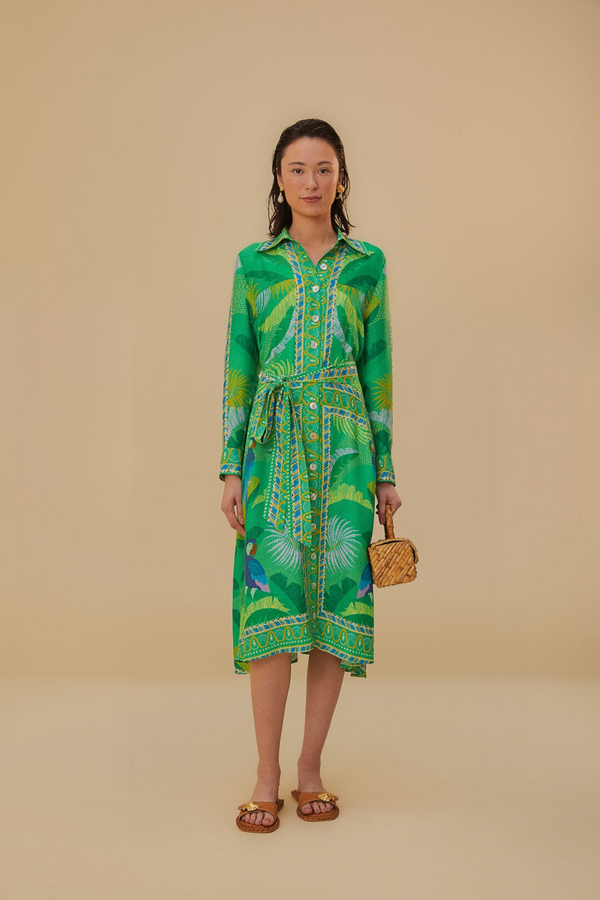 Tan Macaw Scarf Green Chemise Dress Midi Dress