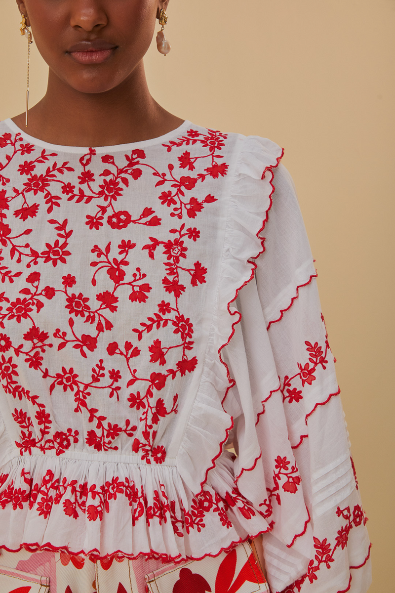Rosy Brown Off-White With Red Embroidered Long Sleeve Blouse Blouse