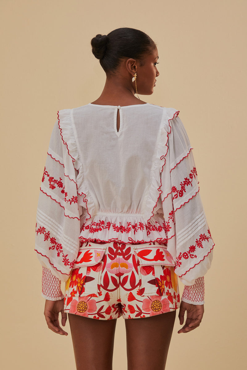 Tan Off-White With Red Embroidered Long Sleeve Blouse Blouse