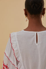 Rosy Brown Off-White With Red Embroidered Long Sleeve Blouse Blouse