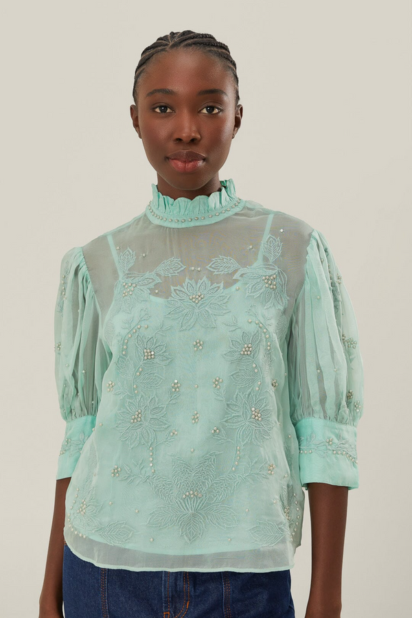 Gray Blue Short Sleeve Blouse Top