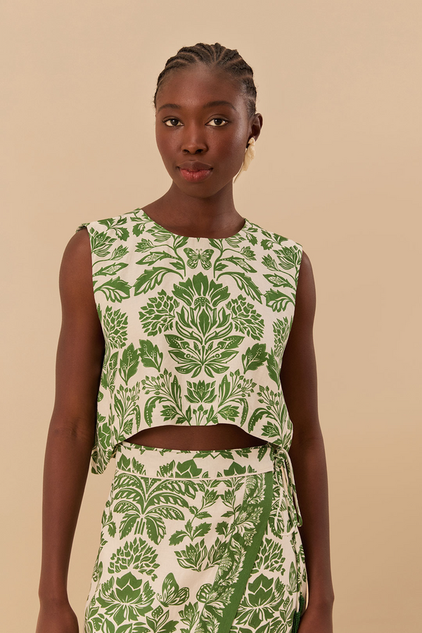 Tan Delicate Tapestry Green Blouse Top