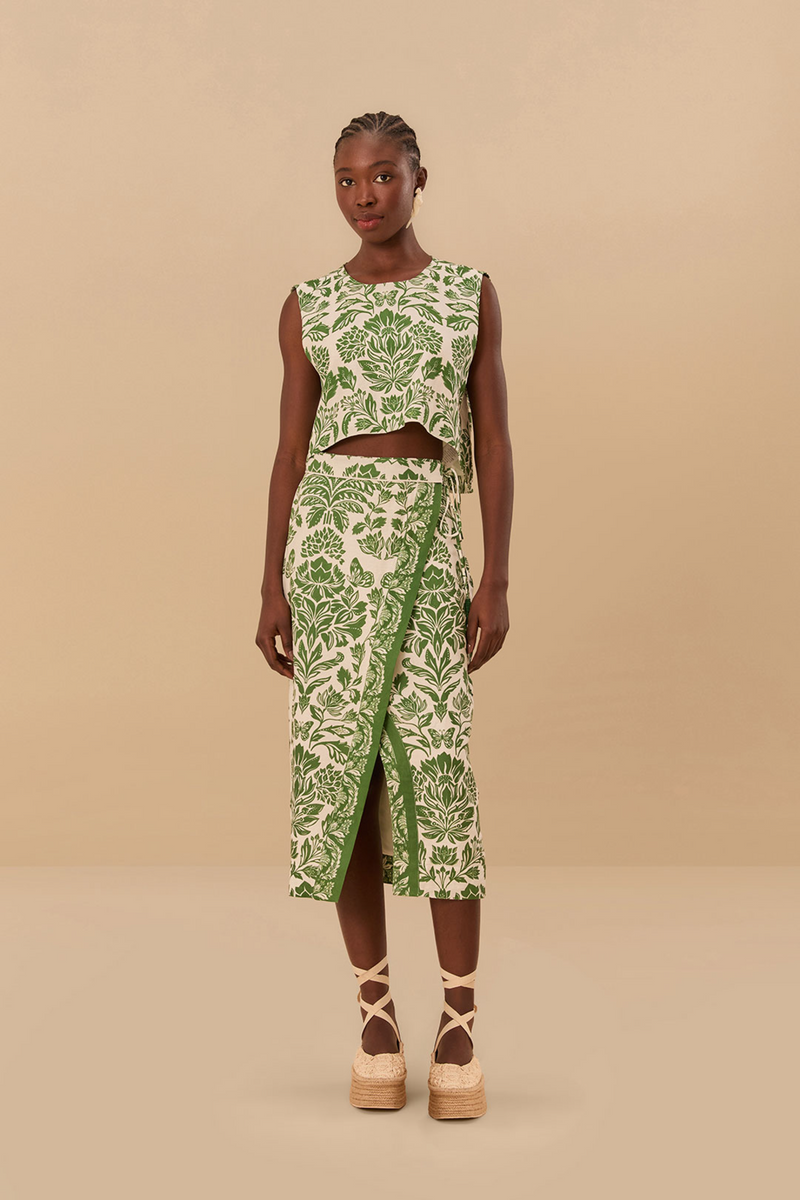 Tan Delicate Tapestry Green Midi Skirt Midi Skirt