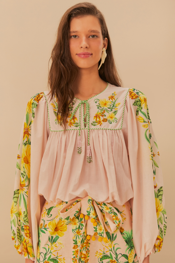 Tan Botanical Beauty Pink Long Sleeve Blouse Top