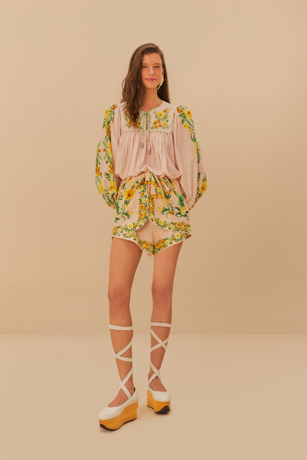 Tan Botanical Beauty Pink Long Sleeve Blouse Top