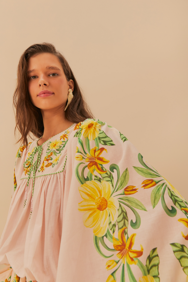 Tan Botanical Beauty Pink Long Sleeve Blouse Top