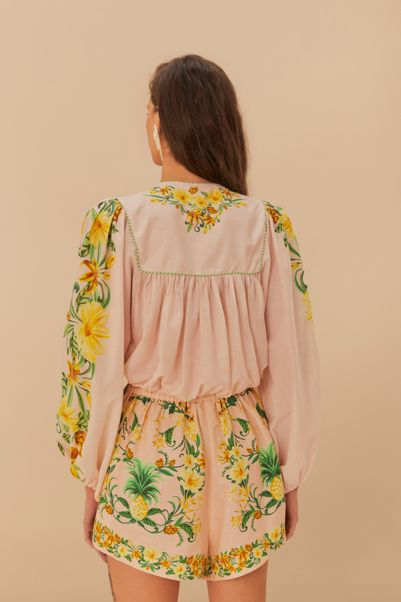 Tan Botanical Beauty Pink Long Sleeve Blouse Top