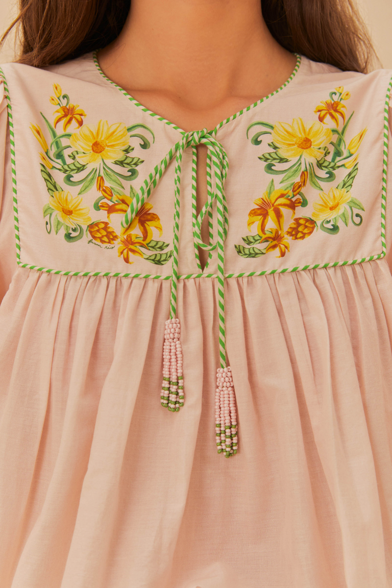 Tan Botanical Beauty Pink Long Sleeve Blouse Top