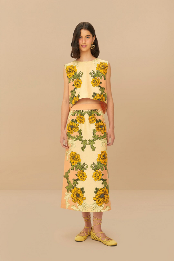 Tan Delicate Flower Arabesques Midi Skirt Midi Skirt