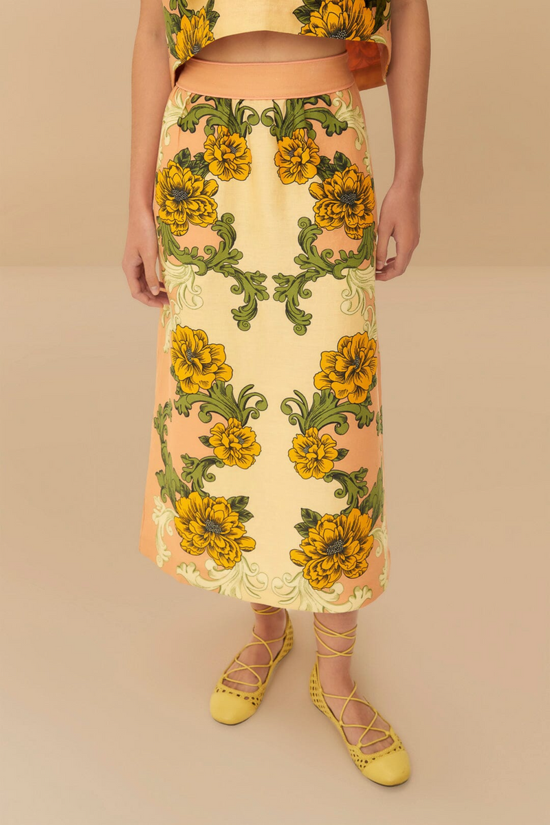 Tan Delicate Flower Arabesques Midi Skirt Midi Skirt