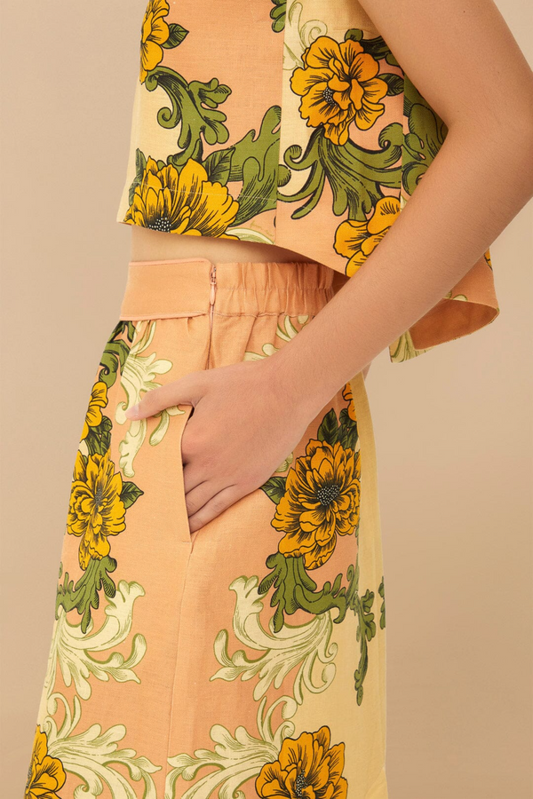 Tan Delicate Flower Arabesques Midi Skirt Midi Skirt