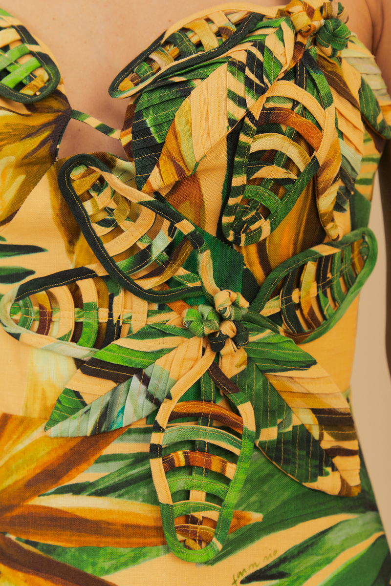 Goldenrod Bananart Yellow Flowered Bust Midi Dress Midi Dress