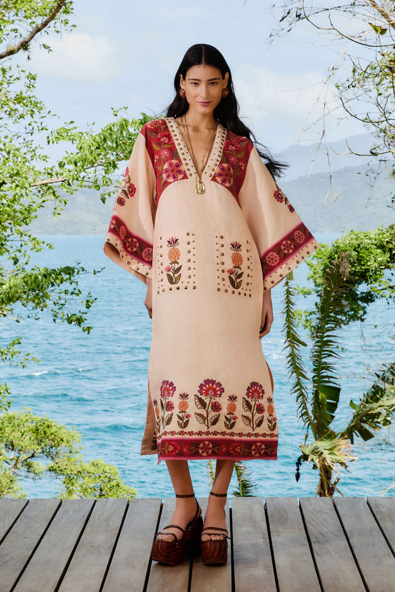 Nature Embroidered Cream Tunic Maxi Dress Nature Embroidered Cream Tunic Maxi Dress