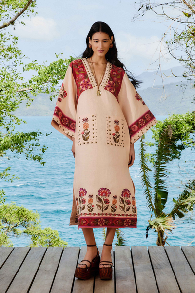 FARM Rio Nature Embroidered Cream V Neckline Tunic Maxi Dre, Cream / S