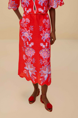 Tan Porcelain Garden Red Midi Skirt Midi Skirt