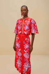 Tan Porcelain Garden Red Midi Skirt Midi Skirt