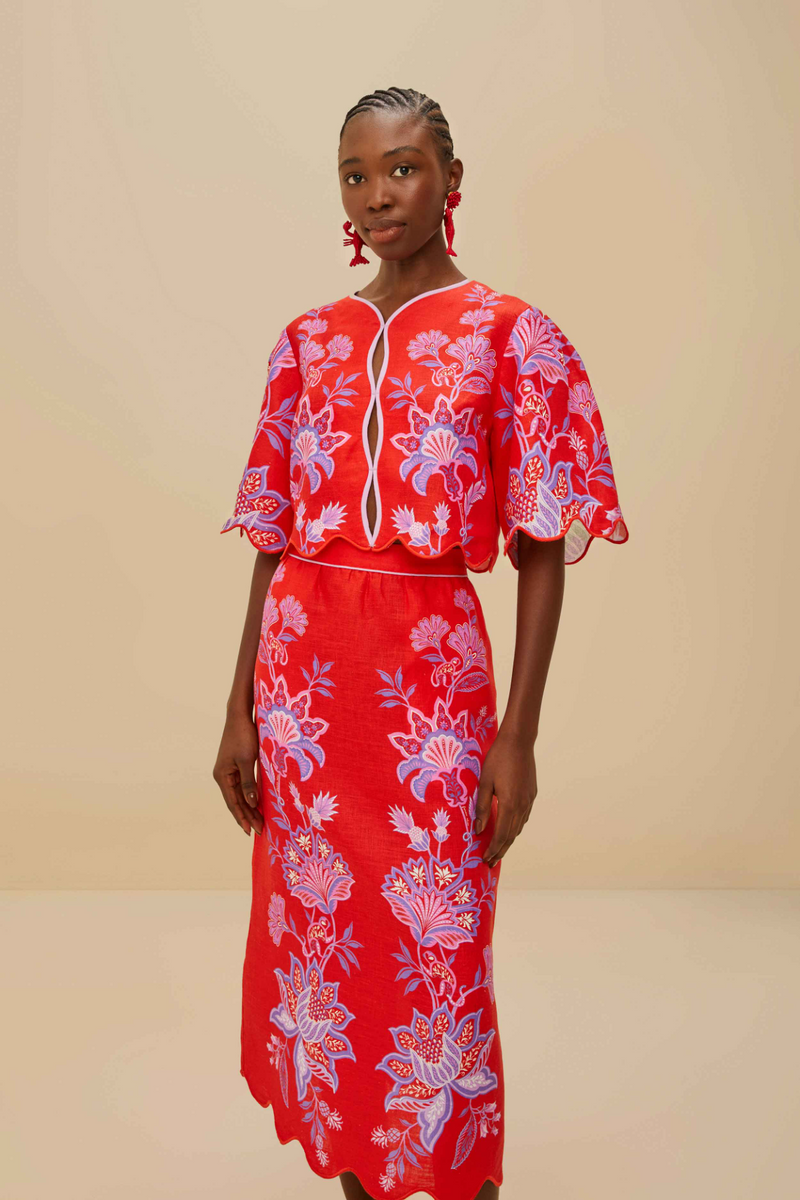 Tan Porcelain Garden Red Midi Skirt Midi Skirt