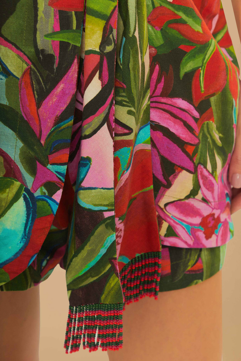 Dark Olive Green Jardin De Reve Multicolor Shorts Short