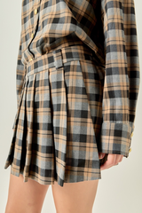 Light Gray Plaid Pleated Mini Skort in Camel/Grey Mini Skort