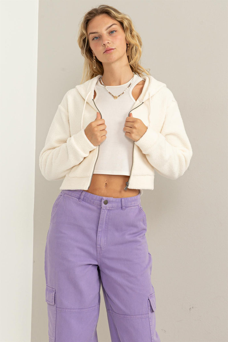 Gray Set On You Sherpa Cropped Zip Up Hoodie Jacket