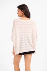 White Smoke Billie Striped Brushed Dolman Top in Cream Taupe Top