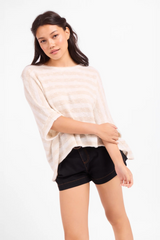 White Smoke Billie Striped Brushed Dolman Top in Cream Taupe Top