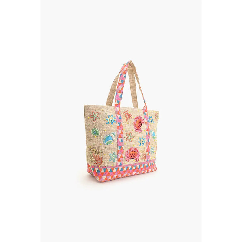 White Smoke Crab Shell Embellished Boat Tote Bag
