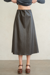 Light Gray Vegan Leather Pull On Midi Skirt Midi Skirt