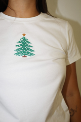 Light Gray Christmas Tree Embroidered Baby Tee Graphic Tee