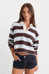 Lavender The Cropped Rugby Polo in Espresso Sky Block Stripe Top