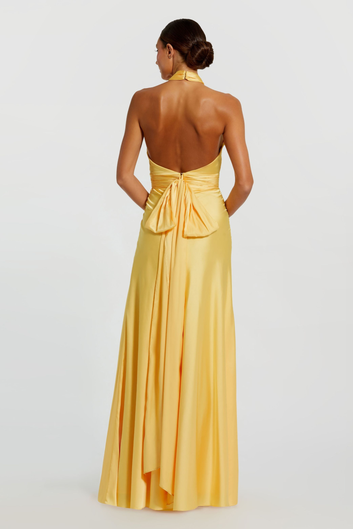 Ruched Halter Neck Tie Back Satin Gown | Lemon Two Cumberland Ruched Halter Neck Tie Back Satin Gown | Lemon Two Cumberland