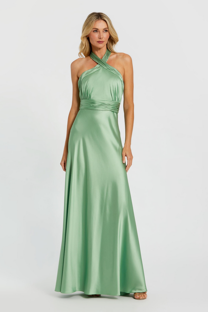 sage formal dresses Mac Duggal - Ruched Halter Neck Tie Back Satin Gown
