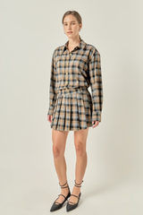Light Gray Plaid Pleated Mini Skort in Camel/Grey Mini Skort